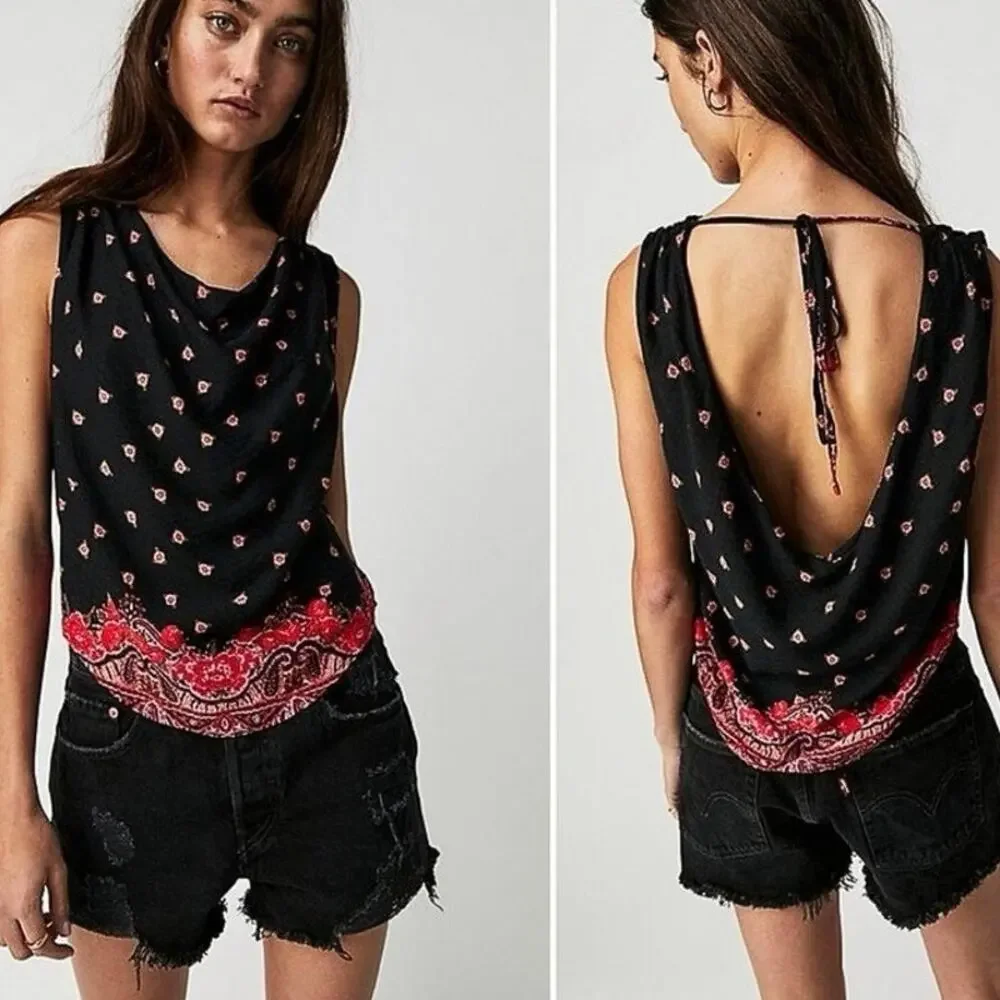 NEW Free People Silas Women's Black Red Floral Paisley Cowl Neck Tank Top Sz XS